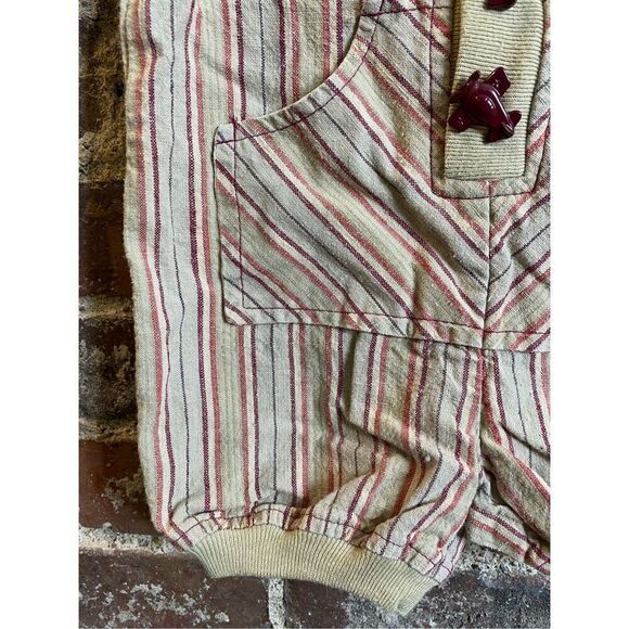 Tiny Tots Original Tan/Maroon Striped Romper with Airplane Aircraft Toggle Butto - Picture 3 of 11